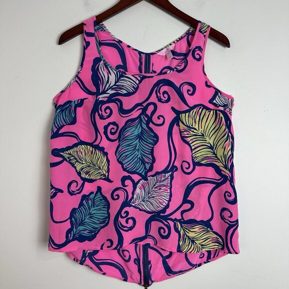 Lilly Pulitzer Women's Tank Top Size L 100% Silk Pink Zip Back Leaf Print‎ - Picture 1 of 8